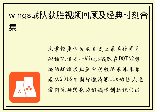 wings战队获胜视频回顾及经典时刻合集