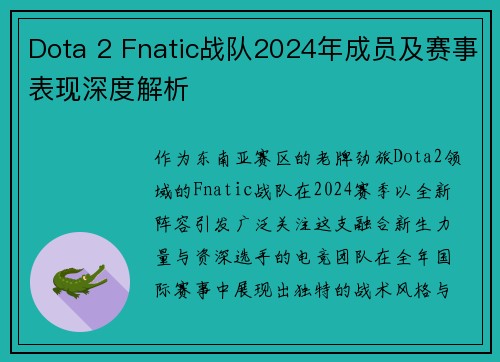 Dota 2 Fnatic战队2024年成员及赛事表现深度解析